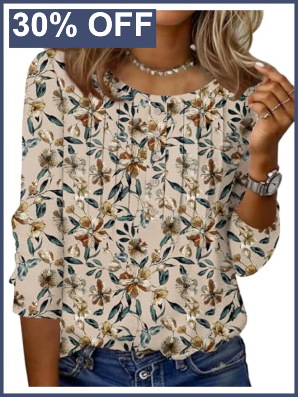 Women's Pleated Tunic Top 3/4 Sleeve Round Neck Casual Summer Blouse